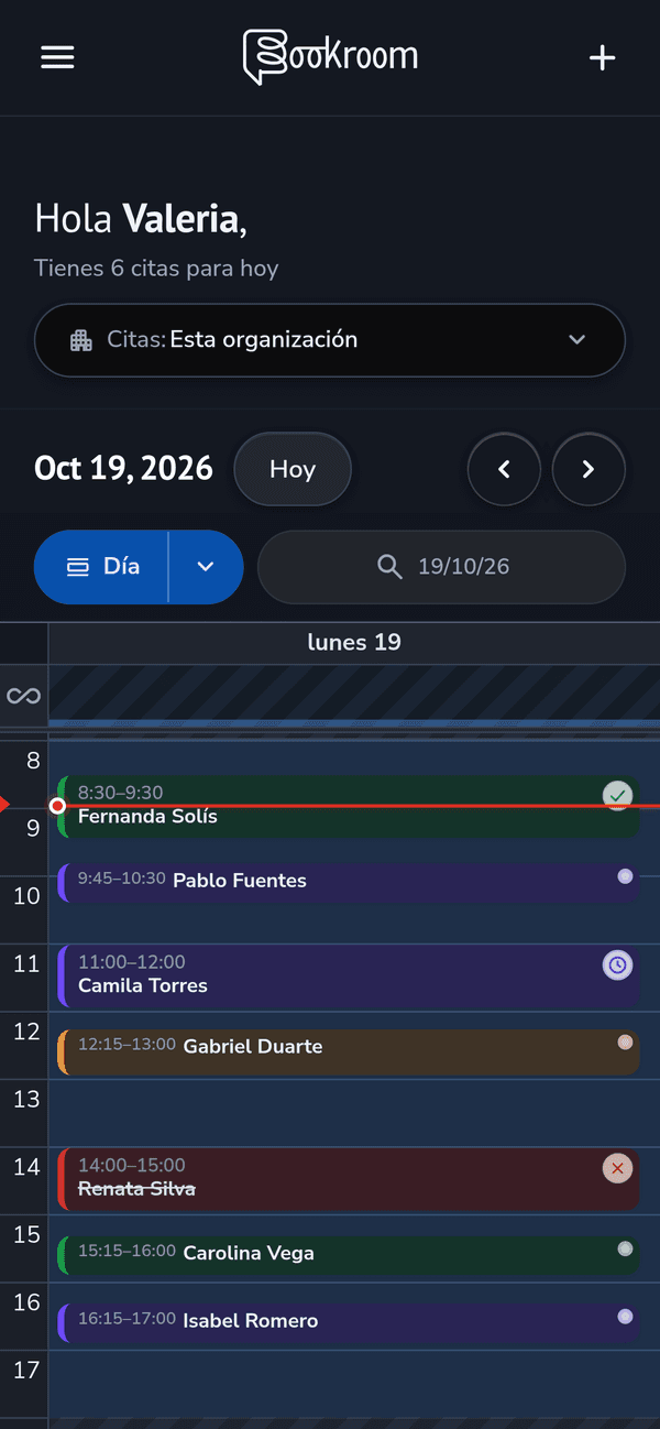 Agenda de Bookroom en vista Día en celular