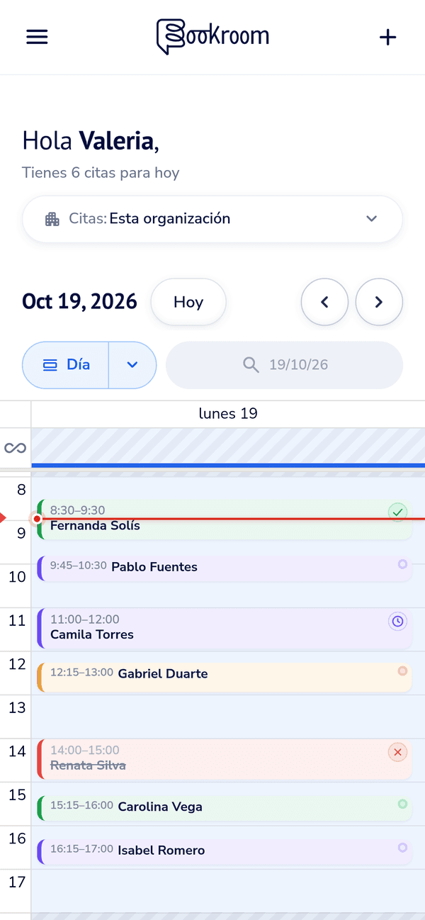 Agenda de Bookroom en vista Día en celular