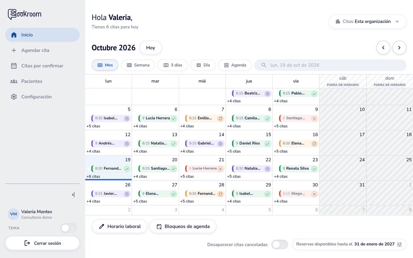 Agenda de Bookroom en vista Mes en computadora